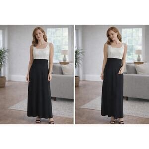 Vntg 90s Jump Lace Bodice Maxi Dress XS Black White Cocktail Minimal Formal